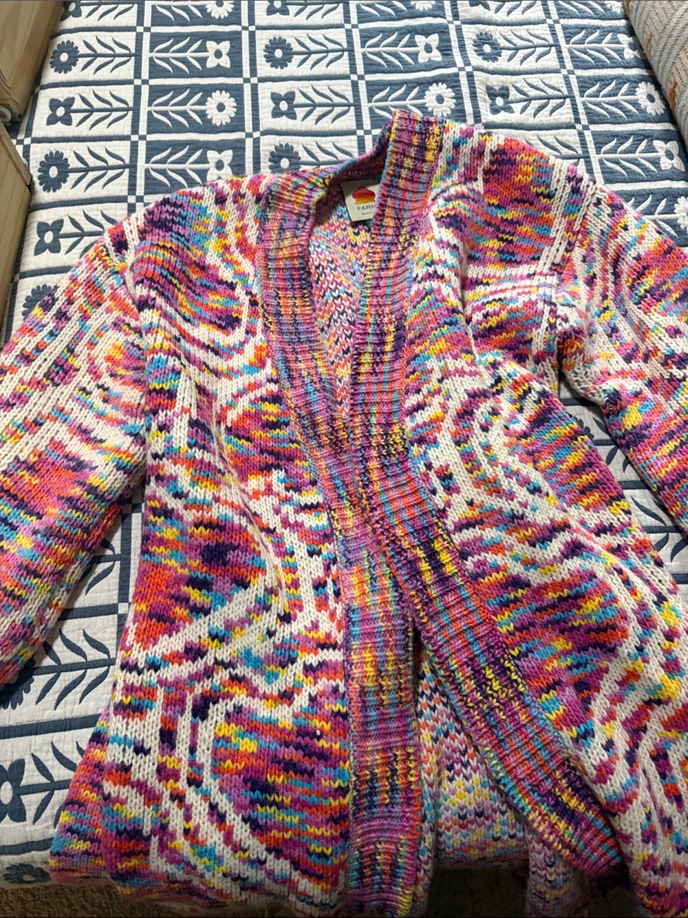 FARM Rio Multicolor Open-Front Knit Cardigan with Pink, Purple & Blue Accents